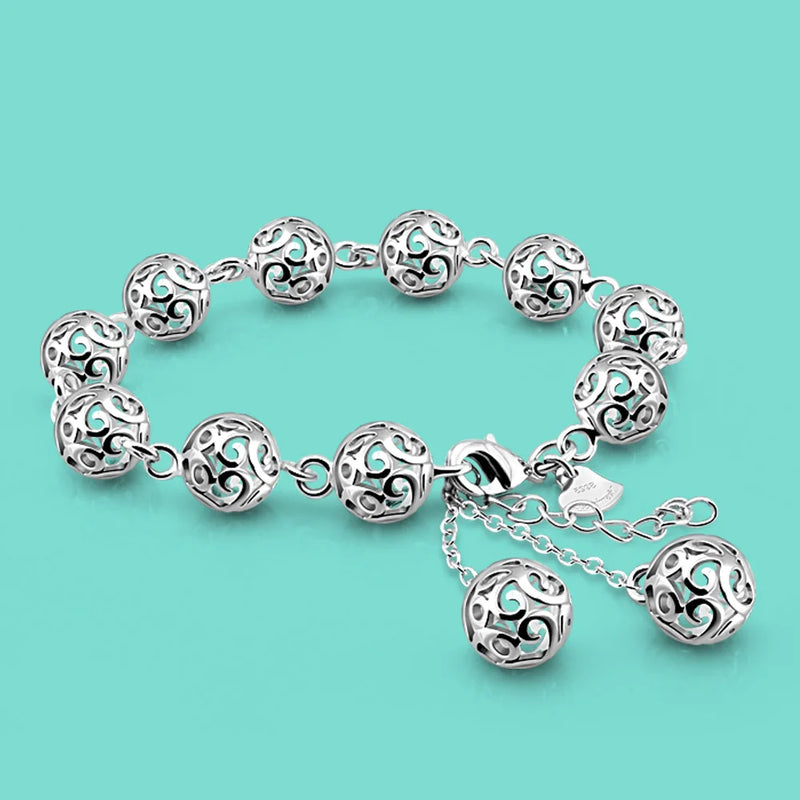 Bohemian Women's 925 Sterling Silver Bracelet Hollow Pattern Ball