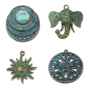 Bohemian Patina Elephant Charms Antique Copper Green Flower Pendants