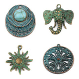 Bohemian Patina Elephant Charms Antique Copper Green Flower Pendants