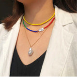 Boho Colorful Rice Bead Soft Pottery Necklace, Multi-layer Clavicle Chain