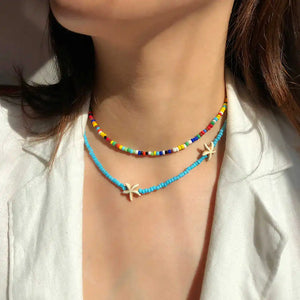 Boho Colorful Rice Bead Soft Pottery Necklace, Multi-layer Clavicle Chain