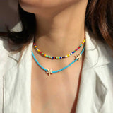 Boho Colorful Rice Bead Soft Pottery Necklace, Multi-layer Clavicle Chain
