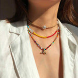 Boho Colorful Rice Bead Soft Pottery Necklace, Multi-layer Clavicle Chain