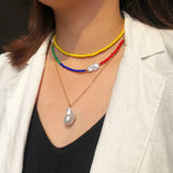Boho Colorful Rice Bead Soft Pottery Necklace, Multi-layer Clavicle Chain