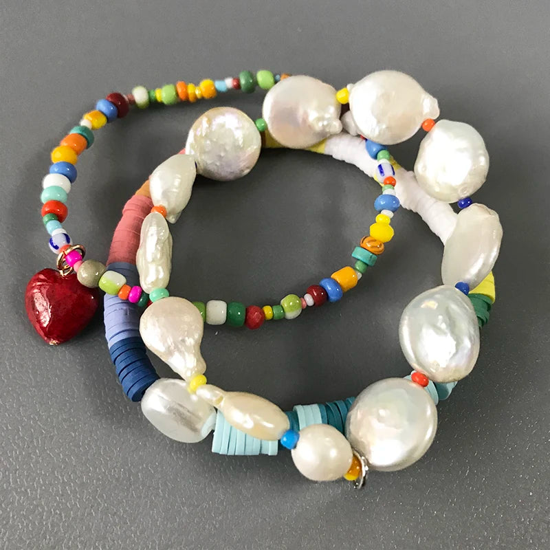 Boho Beads Charm Bracelet Rainbow Freshwater Pearl Set