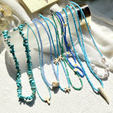 Bohemian Ethnic Bead Necklace - Handknit Turquoise Pearl Flowers