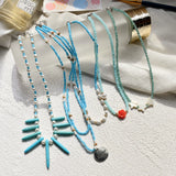 Bohemian Ethnic Bead Necklace - Handknit Turquoise Pearl Flowers