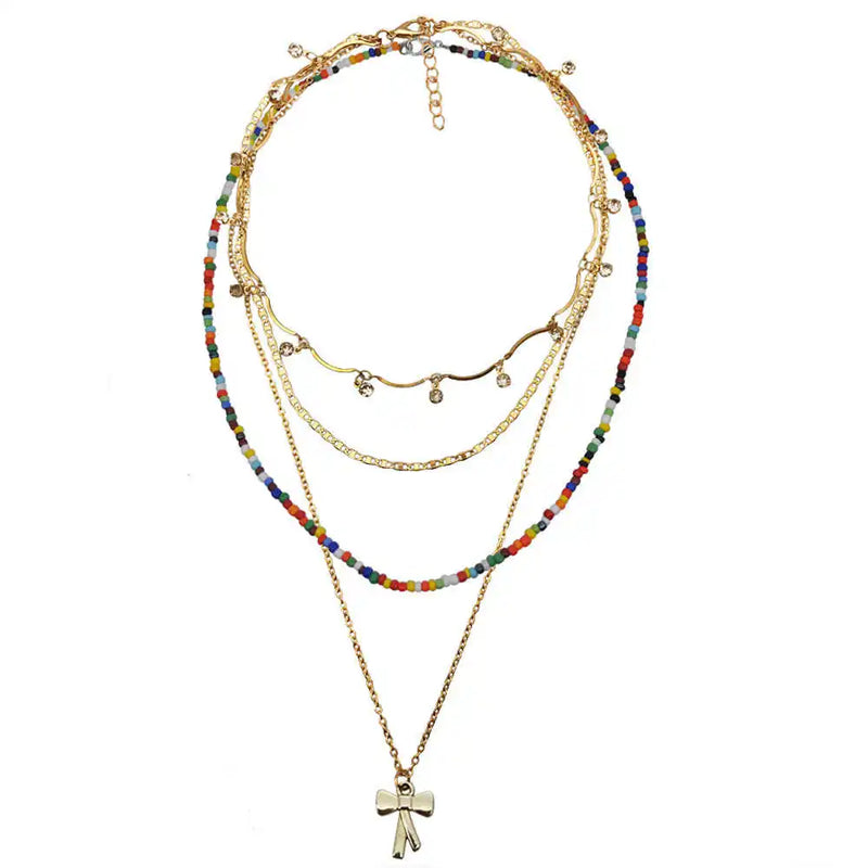Bohemian Layered Bead Necklace Metal Chain