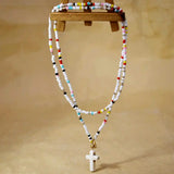 Bohemian Seed Beads Layer Necklace Women's Colorful Beaded Neck Cross Pendant