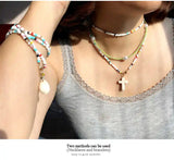 Bohemian Seed Beads Layer Necklace Women's Colorful Beaded Neck Cross Pendant