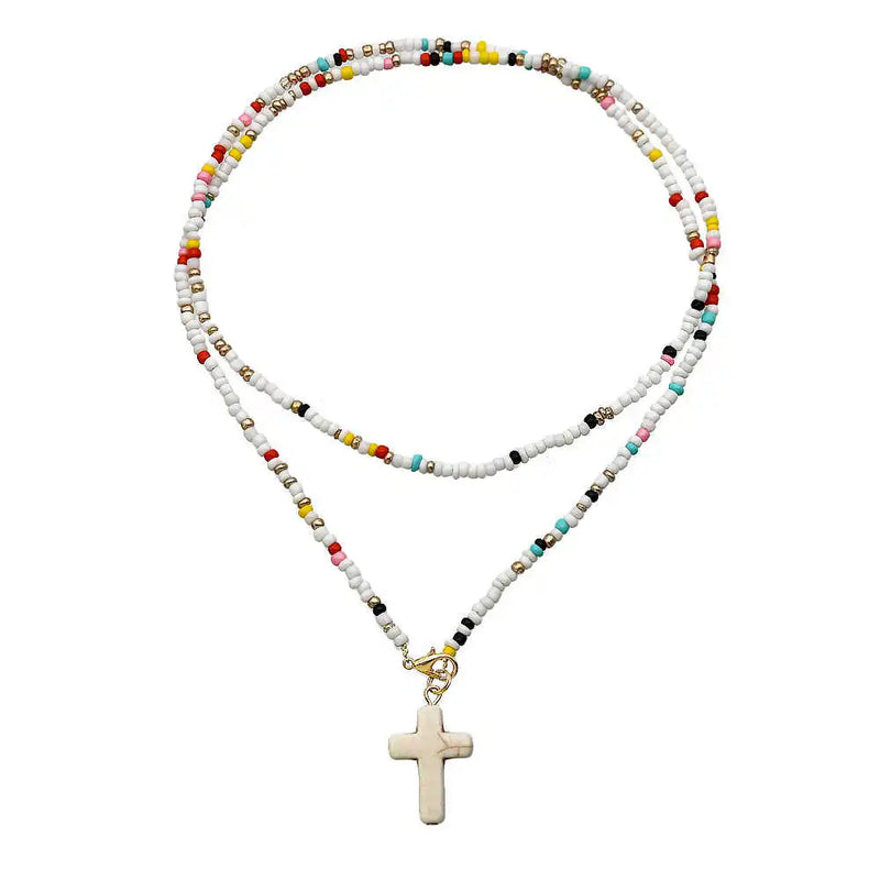 Bohemian Seed Beads Layer Necklace Women's Colorful Beaded Neck Cross Pendant