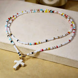 Bohemian Seed Beads Layer Necklace Women's Colorful Beaded Neck Cross Pendant