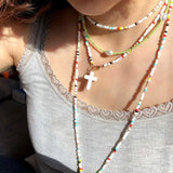 Bohemian Seed Beads Layer Necklace Women's Colorful Beaded Neck Cross Pendant