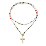 Bohemian Seed Beads Layer Necklace Women's Colorful Beaded Neck Cross Pendant