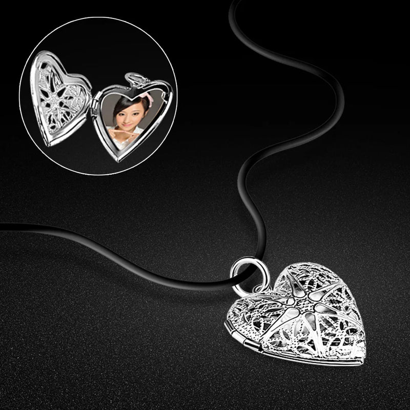 Bohemian 925 Silver Heart Necklace Photo Pendant Chain Jewelry