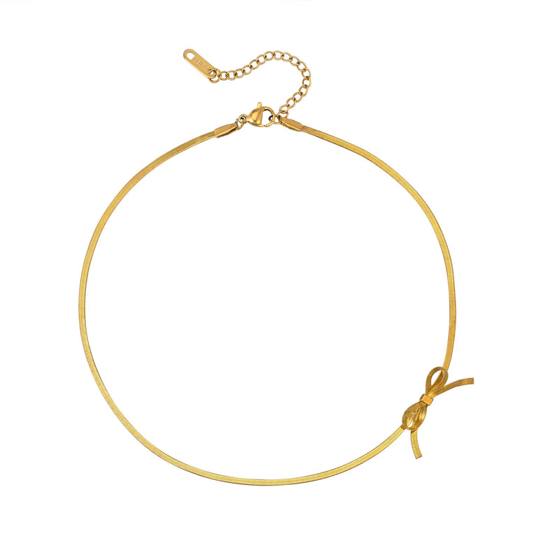 Bohemina Sideways Bow Choker Necklace Women, 2mm Thin Snake Chain