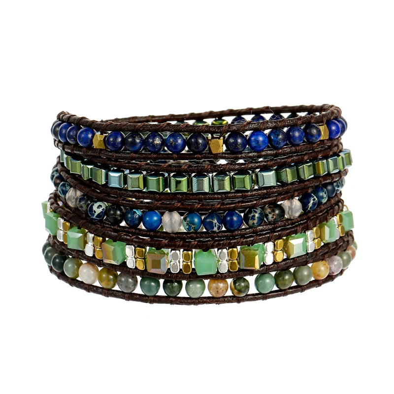 Boho 5 Wrap Leather Lapis Lazuli Bracelet