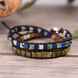 Boho Beaded Leather Bracelet Mix Natural Stones Wrap Bracelet