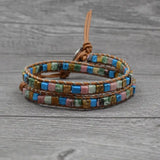 Boho Beaded Leather Bracelet Mix Natural Stones Wrap Bracelet