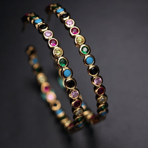 Boho Big Hoop Earring Bezel Setting Rainbow CZ Stone Gorgeous Jewelry