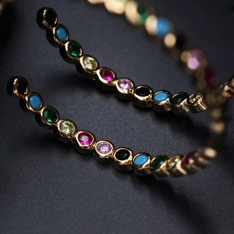 Boho Big Hoop Earring Bezel Setting Rainbow CZ Stone Gorgeous Jewelry