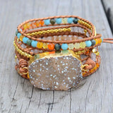 Boho Yellow Druzy Stone Bracelet Vintage Leather Wrap