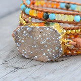 Boho Yellow Druzy Stone Bracelet Vintage Leather Wrap
