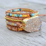 Boho Yellow Druzy Stone Bracelet Vintage Leather Wrap