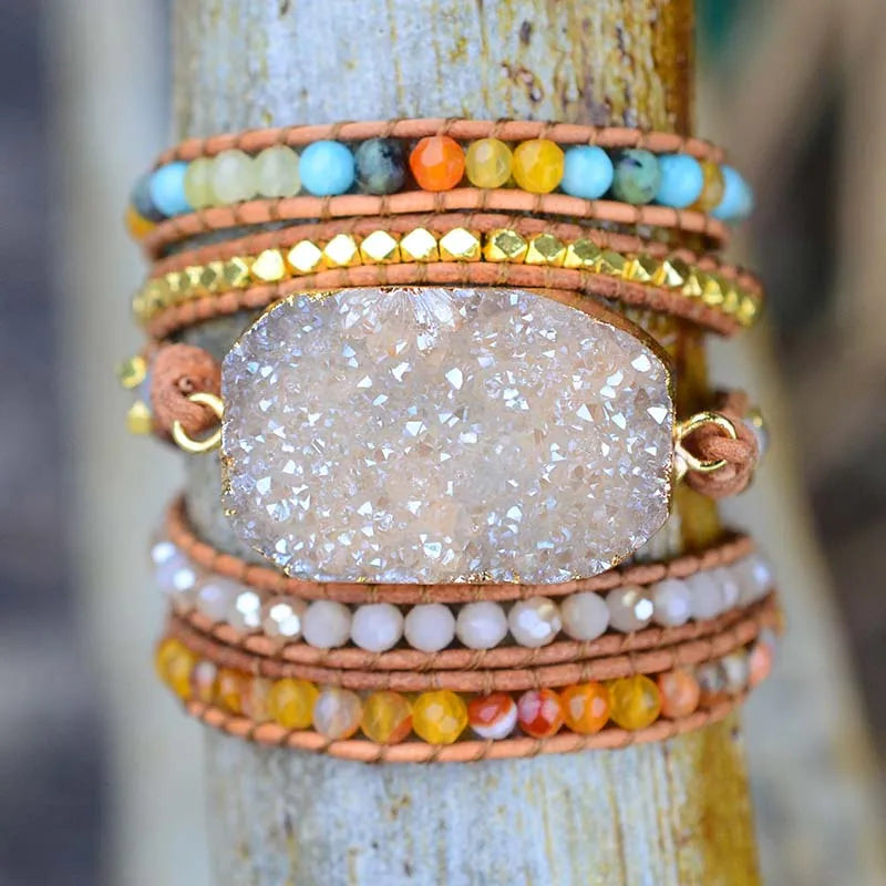 Boho Yellow Druzy Stone Bracelet Vintage Leather Wrap