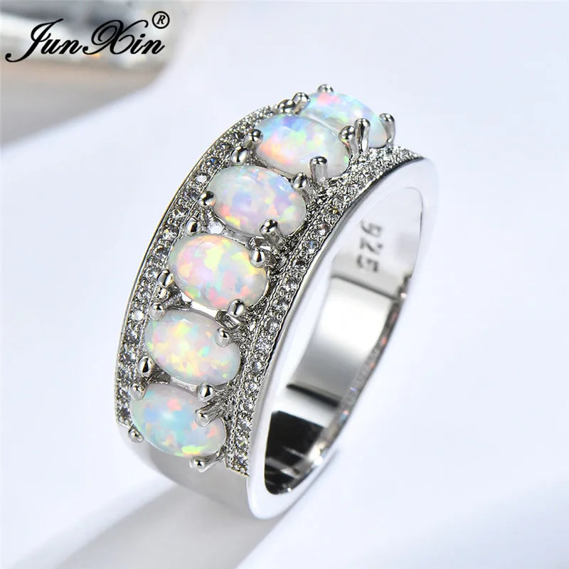 Boho Fire Opal Stone Ring Vintage Silver Wedding Promise Love Ring