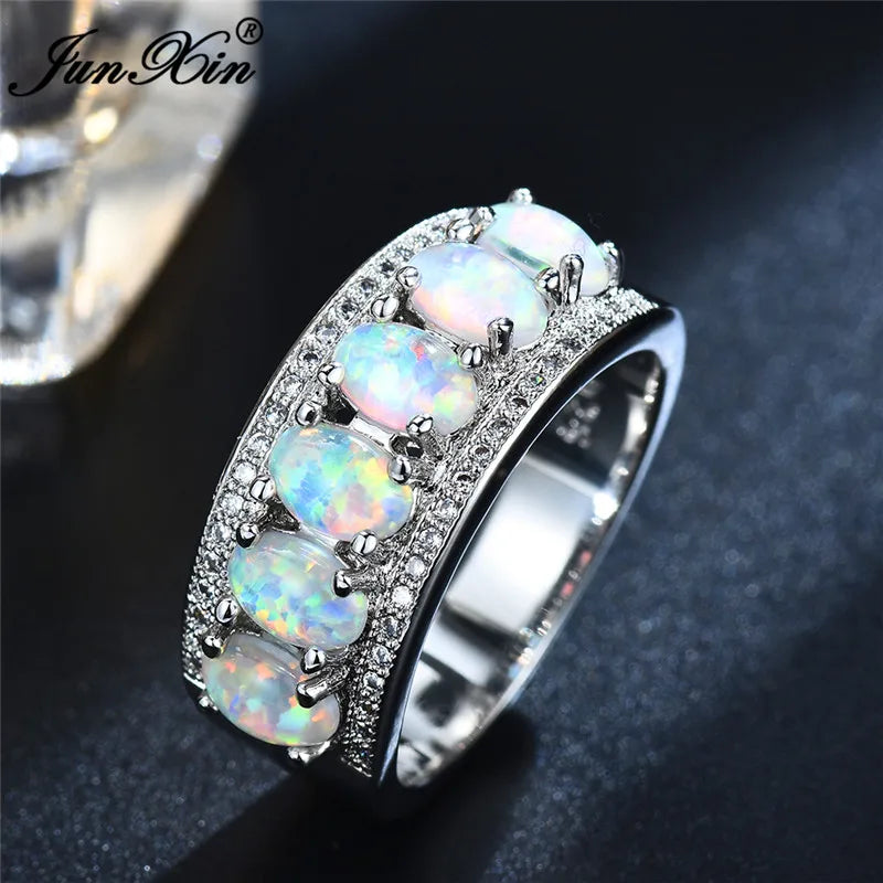 Boho Fire Opal Stone Ring Vintage Silver Wedding Promise Love Ring