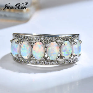 Boho Fire Opal Stone Ring Vintage Silver Wedding Promise Love Ring