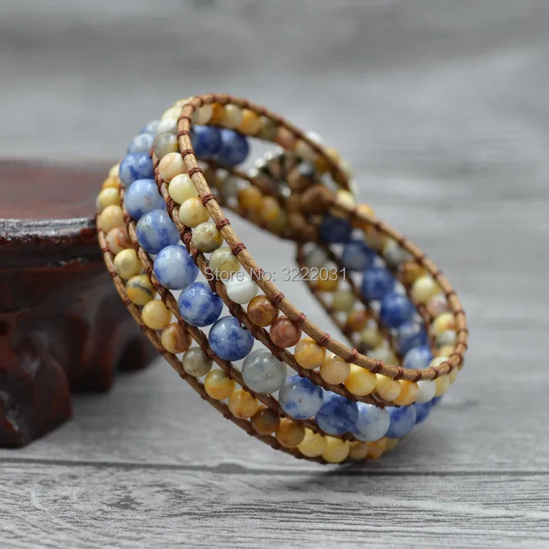 Boho Natural Stones Beaded Wrap Bracelet 1 Layer Cuff Bangle Wax Leather