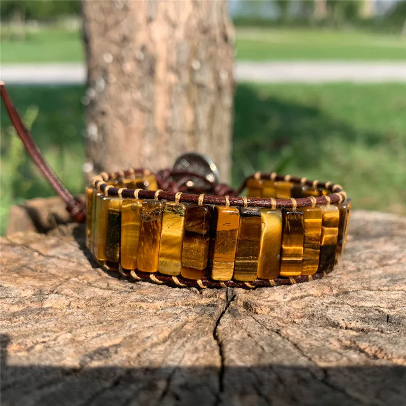 Boho Bracelet Tigereye Leather Wrap Semi Precious Stone