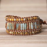 Boho Bracelet Tube Shape Natural Stone Leather Wrap Statement Bracelet