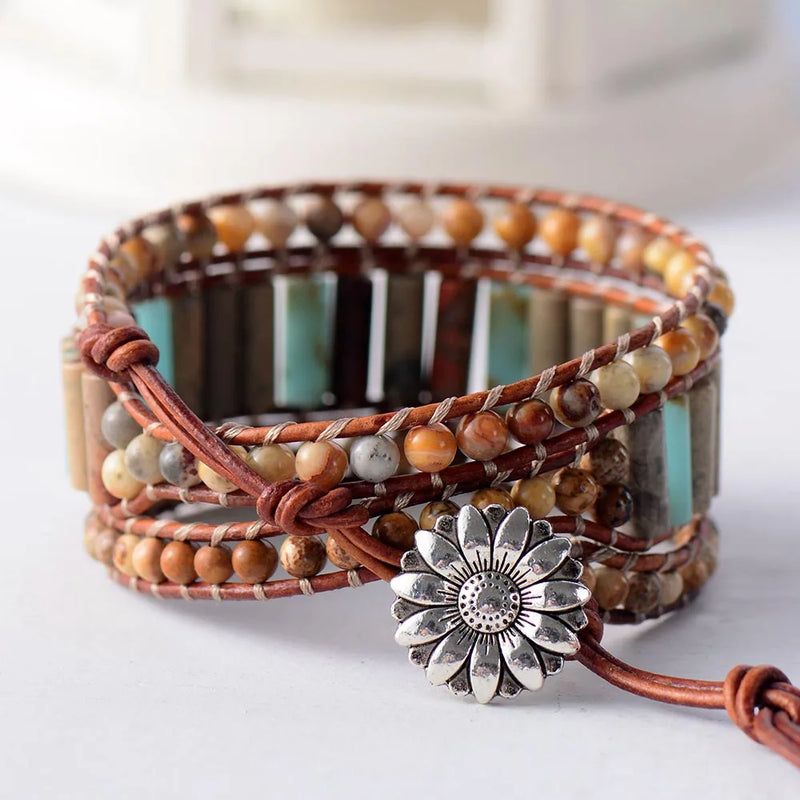Boho Bracelet Natural Stone 3 Layer Leather Wrap Boho Women Bracelet