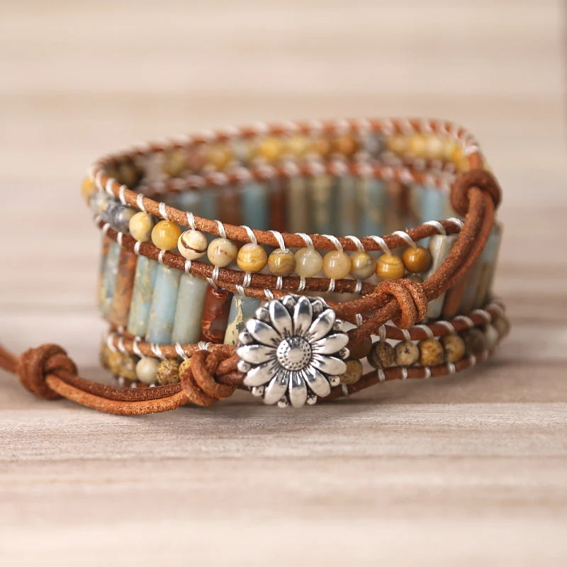 Boho Bracelet Tube Shape Natural Stone Leather Wrap Statement Bracelet