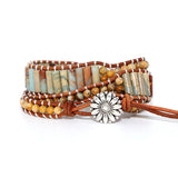 Boho Bracelet Tube Shape Natural Stone Leather Wrap Statement Bracelet