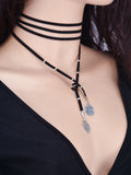 Boho Brown Wrap Velvet Choker Necklace Long Chain Tassels Disc Necklace