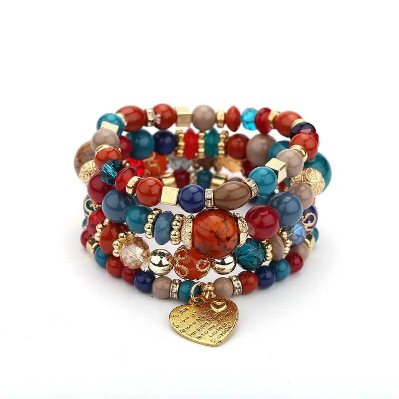 Boho Crystal Peach Heart Beaded Bracelet Set Multilayer Stretch Vintage Jewelry