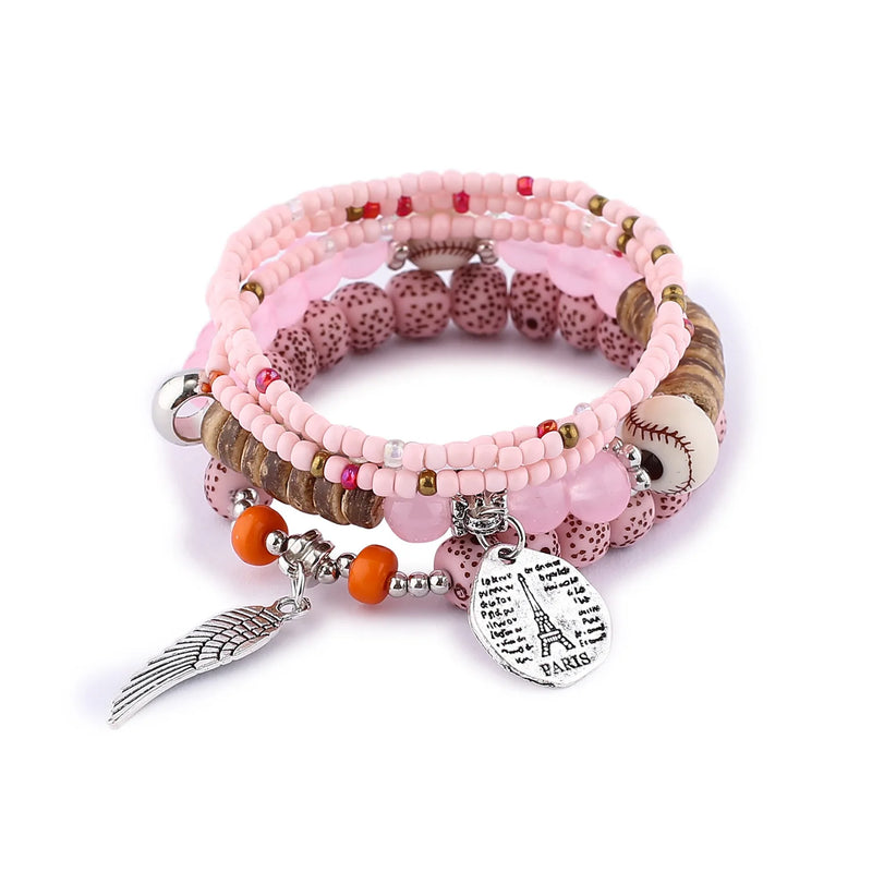 Boho Crystal Peach Heart Beaded Bracelet Set Multilayer Stretch Vintage Jewelry