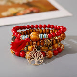 Boho Charm Beaded Bracelet Set Ethnic Tree Tassel Pendant Vintage Jewelry