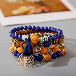 Boho Charm Beaded Bracelet Set Ethnic Tree Tassel Pendant Vintage Jewelry