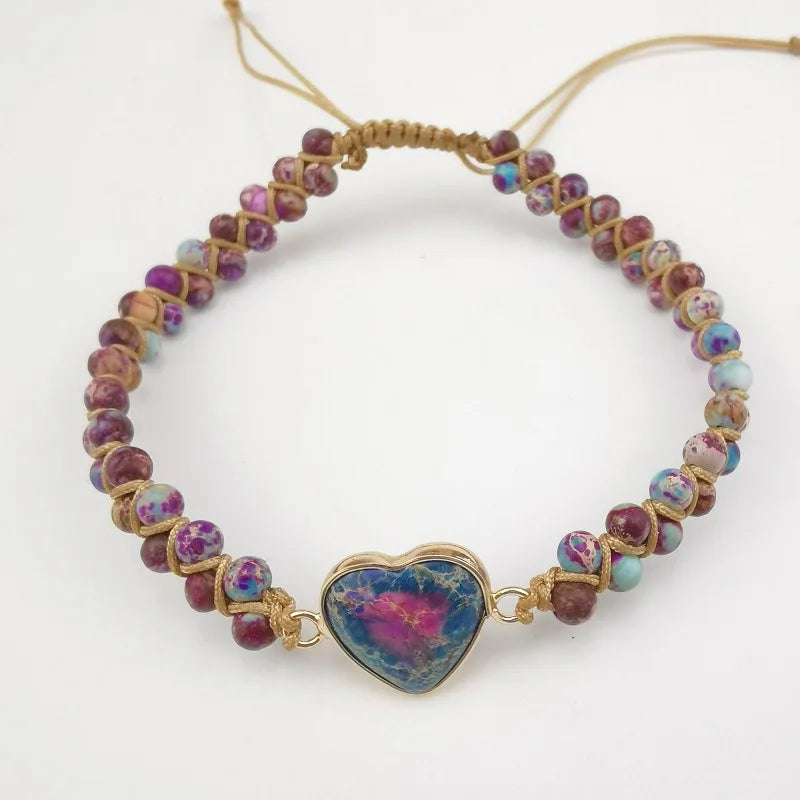 Boho Bracelet Heart Charm Beaded Hand Braided Leather Wrap