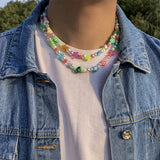 Boho Colorful Beaded Choker Necklaces Men Rainbow Flower Pearl Beads Chains Shor