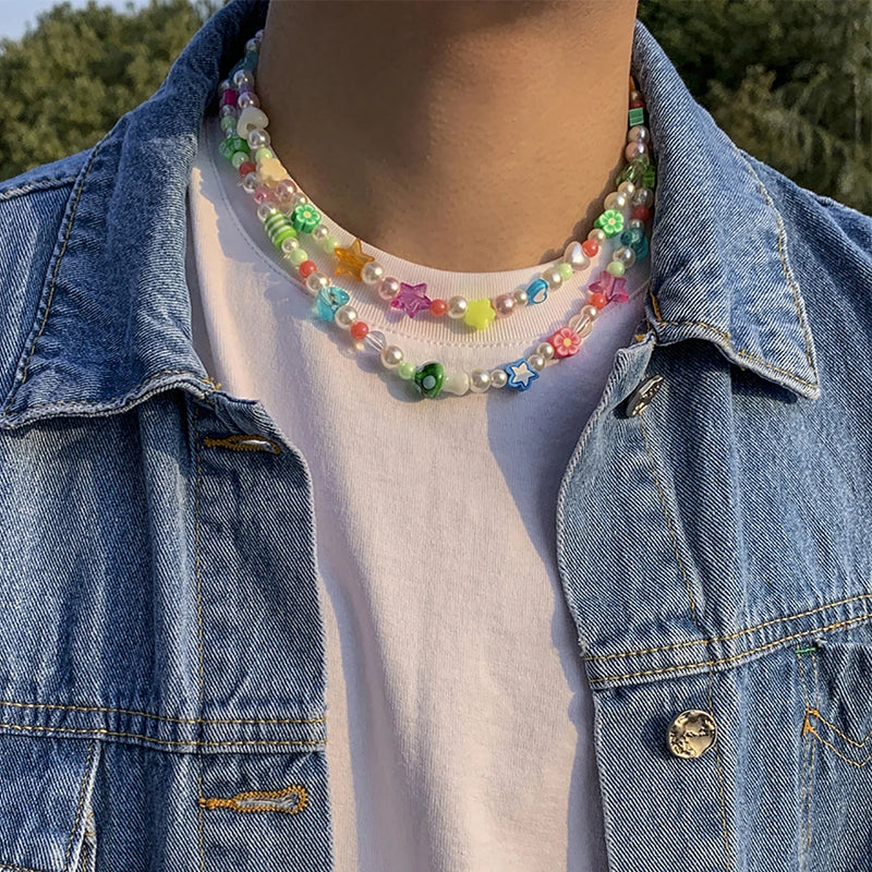 Boho Colorful Beaded Choker Necklaces Men Rainbow Flower Pearl Beads Chains Shor