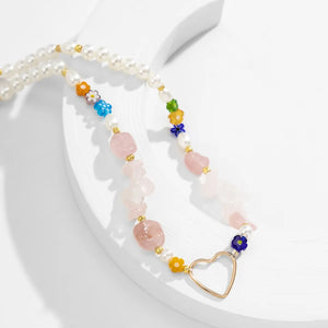Boho Colorful Beads Stone Heart Necklace Vintage Punk Geometric Charm Necklace
