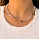 Boho Colorful Beads Stone Heart Necklace Vintage Punk Geometric Charm Necklace