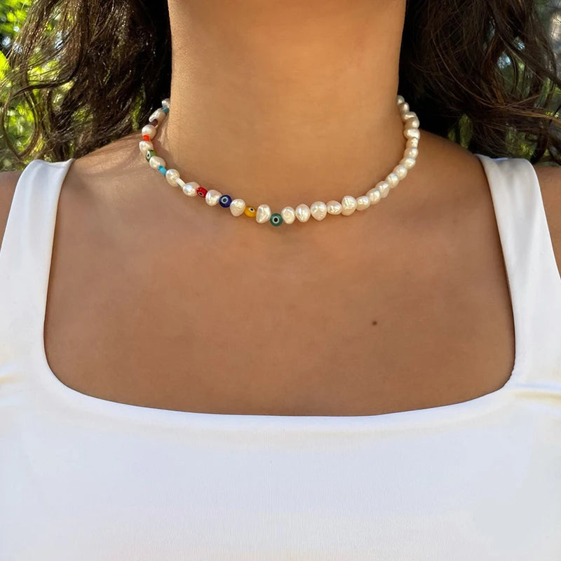 Boho Beaded Short Pearl Necklace for Women