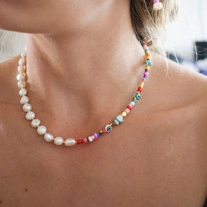 Boho Colorful Beaded Short Collar Nature Pearl Necklace
